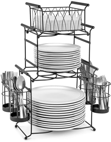 Sorbus® Buffet Caddy — 7-Piece Stackable Set Includes Plate, Napkin, and Silverware Holder, 3-Tier Detachable Tabletop Organizer — Ideal for Kitchen, Dining, Entertaining, Parties,Thanksgiving (Black)