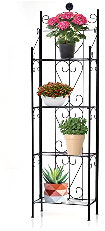 DEFACTO Blumenregal Aus Metall, 4 Ablagen, Wetterfestes Pflanzenregal, Hxbxt: 157 x 44 x 24 Cm, Schwarz Als Pflanzentreppe, Blumenständer, Gartenregal, Blumenbank, Pflanzenregale