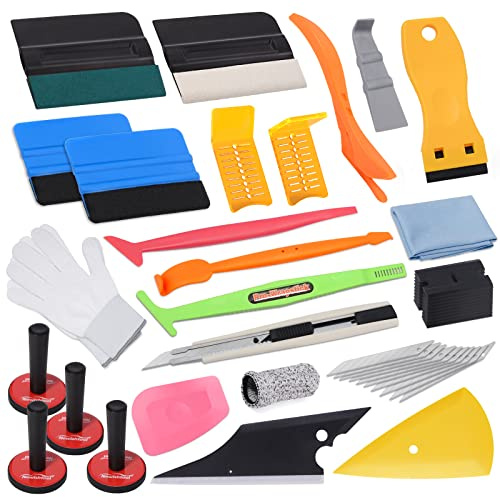 Pro Vinyl Wraps Applicator Tool Kit Window Tint Film Car Wrapping Tools Includes Felt Squeegees, Plastic Scraper, Wrap Knife and Blades, Magnetic Holders, Cleaning Cloth, Gloves and Finger Sleeve
