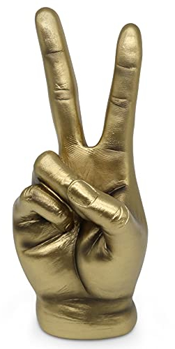 FeinKnick goldenes Victory Zeichen zur Dekoration - Moderne Skulptur in Gold - goldene Hand aus Marmoritharz 20cm für Schreibtisch Wohnzimmer & Büro - Design Deko Finger vergoldet als Peace Symbol