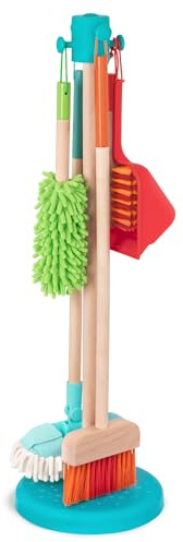 Battat Kinder Holzspielzeug Besen mit langem Stiel, Kehrschaufel, Handfeger, Wischmopp und Staubwedel Set mit Ständer aus Holz – Kinderbesen Spielzeug ab 2 Jahren