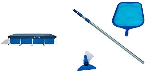 Intex 28039 Copripiscina Rettangolare, Blu, 460 x 230 cm & Intex Kit manutenzione piscina accessori piscina set pulizia piscina 2 pezzi