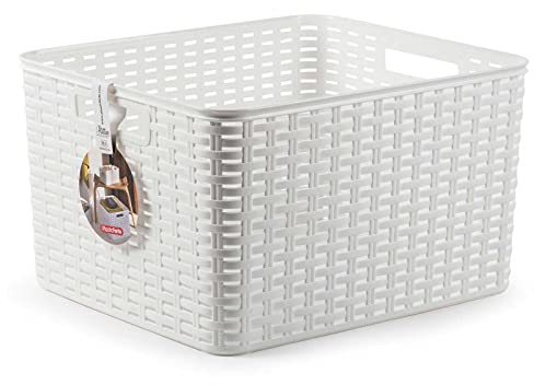 Cesta de almacenamiento rectangular de plástico blanco 28,5 litros, imitación estilo mimbre 22,7 x 39,5 x 34,5 cm, cesta de ordenación con asas para ropa, alimentos, objetos, hogar