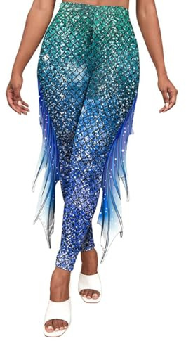 color cosplayer Mermaid Yoga Print Leggings for Women Plus Size Fish Scale High Waisted Pants Halloween Costume Tights Blue-Green