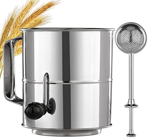 PIQUEBAR Flour Sifter - 5 Cup Fine Mesh Hand Crank Sifter Stainless Steel with Agitator Wire Loop for Baking, Powdered Sugar Duster Set