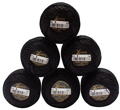 UMC STAG Hilo de bordar de algodón perlado de 6 bolas color negro 310, tamaño 8, 100% algodón egipcio, hilo de ganchillo de punto de cruz, certificado Oeko TEX | 10 gramos por bola (negro)