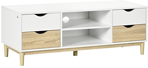 HOMCOM Mueble TV de Salón Mesa para TV para Televisores de hasta 55 con Estantes de Almacenamiento y 4 Cajones para Dormitorio 120x40x44,5 cm Blanco y Roble