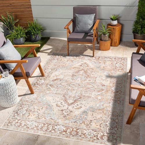 TOPICK Teppich Wohnzimmer Waschbar Ziegelrot Dünner Blumen Vintage Matten Schlafzimmer Kinderzimmer rutschfest Kurzflor Faltbar Teppiche Gegend für Flur Badezimmer 150x210cm