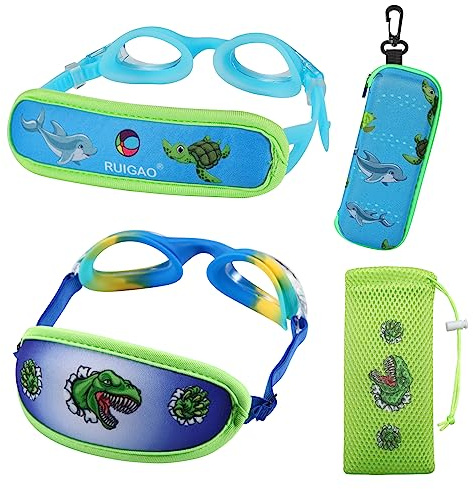 RUIGAO Kids Swim Goggles Age 2-6, Toddler Goggles No Hair Pull,UV Protection/Anti Fog/Padded HeadBand (2PK Toddler - Dino & Dolphin)