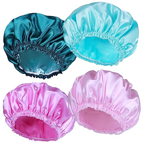 Lot de 4 bonnets de douche élastiques et réutilisables, double couche imperméable, protection de l'environnement, couleur unie