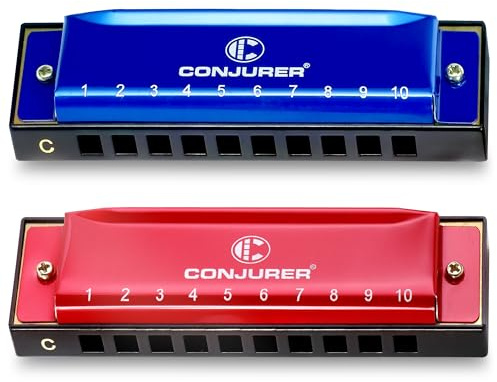 CONJURER Blues Harmonica (2pcs), Diatonic Set Key of C, Brass Reeds, Blue & Red, Modern Style, Polished Finish, Case Included