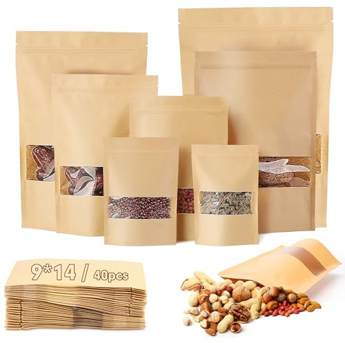 Lot de 40 sachets en papier kraft 9 x 14 cm avec fenêtre réutilisables en papier kraft marron pour noix, grains de café, feuilles de thé, bonbons, collations