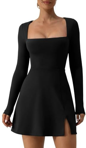 Qianderer Womens Square Neck Bodice Dress Long Sleeve Side Slit A-Line Flare Mini Dresses Cocktail Party Club Dress (Black, L)