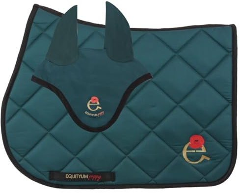 Sottosella + Cuffietta Equityum Poppy,Alta Qualità, Design Italiano, Materiali Innovativi, Traspirabilità e Dettagli Raffinati per il Comfort del Cavallo (verde/nero, cob)