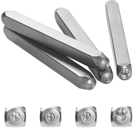 Gueenky 4 stycken metallstämpelset, 3 mm/4 mm slagstämplar, leende ansiktssymbol, metallstämpel, motiv, slagstämpel, metall för stämpling, metall, plast, trä, läder