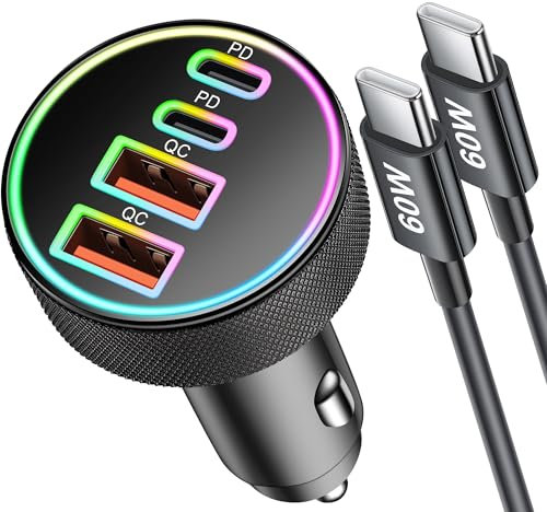 90W 4-Port USB C Car Charger + Type-C Cable for iPhone 17/Air/16/16e/15 Pro Max, Samsung Galaxy S25/S24, iPad, Android Phone, Dual 45W Super Fast Car Cigarette Lighter USB Charger Adapter 12V Socket