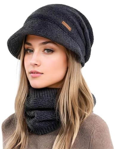 Mütze Damen, Mütze Damen Winter Mit Schal Mit Schal Herbst EIN Kombinationsset, Winter Beanie Damen Schal Und Mütze Set Mit Visier Weichem Innenfutter GefüTterte