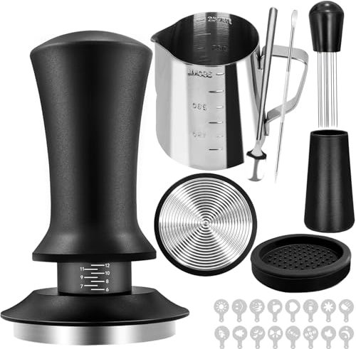 Espresso Zubehör Set, 22pcs Tamper Set, Umfassendes Barista Zubehör Enthält 51mm Tamper,Wdt Tool,Tamper Matte,Rührlöffel, Aufschäumkrug,Rührlöffel,Latte Art Stift und Dekorative Schablonen (Oval-004E)