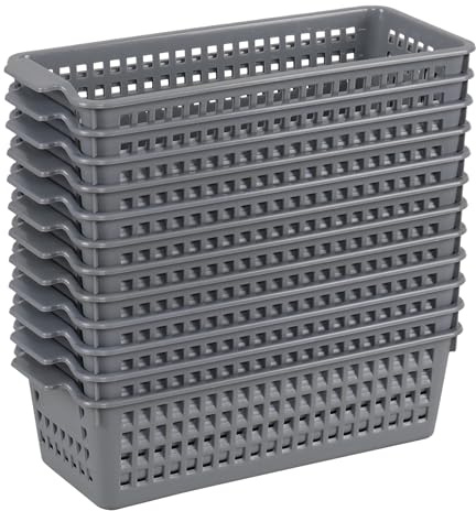 Ramddy 12 PCS Slim Plastic Organizing Basket, Desktop Storage Baskets, Grey