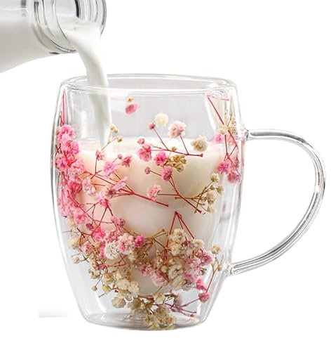 Yonuaret Tasse Verre Double Paroi Avec fleurs Sèche, 350ml Tasses À Latte Macchiato En Verre Transparent Verre À Café Thé Avec Poignée,Tasses À Café Pour Boissons Chaudes Ou Froides