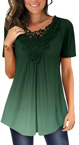 Magritta Women Shirts Ladies Summer Tunic Tops Short Sleeve Lace Crew Neck Blouse Fashion Loose Vintage Work Casual Swing Tops Grass Gradual Large