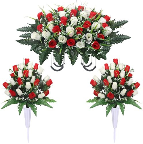 Lodou Artificial Cemetery Flower for Graves,Headstone Flower Saddle,Cemetery Memorial Flowers with Vase and 2 Memorial Bouquets for Grave Tombstone Headstone Decoration (Red White)