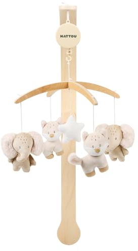 Nattou Móvil con caja de música de madera y poliéster, Zorro y elefante, Canción de cuna suave La-Le-Lu, Aprox. 50 cm, Flo, Oli & Ernest, Flo Beige