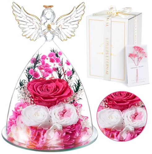 Mother's Day Preserved Real Rose Gift for Women, Forever Rose in Glass Angel Birthday Gifts for Mum Women Wife Grandma, Eternal Flowers Present for Her on Christmas, Anniversary, Mother's Day