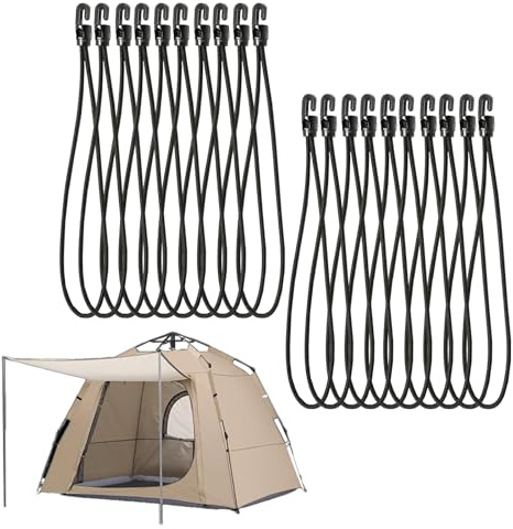 Hsyadazi 20 gomas tensoras elásticas con ganchos (negro, 26 cm), tensor para camping, cubiertas de piscina y lonas de remolque, resistente a la intemperie con ganchos de metal