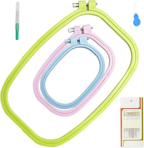 3 tamaños de aro de bordado colorido rectangular cuadrado punto de cruz herramienta de costura para artesanía costura práctica (multicolor) con 16 agujas de coser a mano con 1 guía de hilo