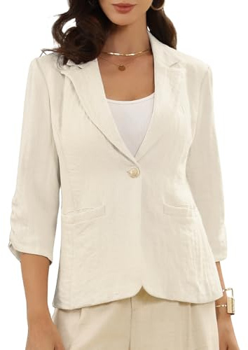 Allegra K Blazer de Lino para Mujer con Solapa de Muesca un Botón Manga 3/4 Traje Informal de Trabajo y Negocios
