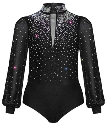 dPois Kids Boys Shiny Rhinestones Figure Skaing Leotard Long Sleeve Back Zipper Gymnastics Ballet Dance Bodysuit Black 12