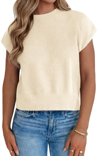 Saodimallsu Womens Short Sleeve Sweaters Casual Summer Crew Neck Loose Basic Cap Sleeve Knit Pullover Tops Apricot