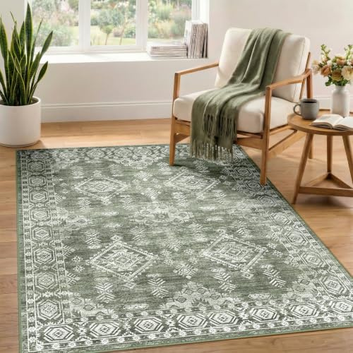 DEFYNEE Machine Washable Rugs Living Room 120x180cm, Soft Short Pile, Non-Slip Vintage Rugs for Bedroom, Moroccan Rug for Dining Room, Hallway, Green