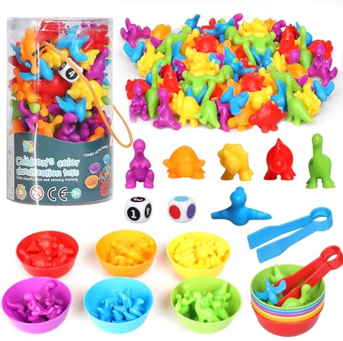 TOSUTO Montessori leksak, dinosaurier räkna färgigenkänningsleksak, 48 stycken Montessori matematik leksaker med matchande sorteringskoppar och pincetter för barn, flickor, pojkar, r från 3 4 5 6 år