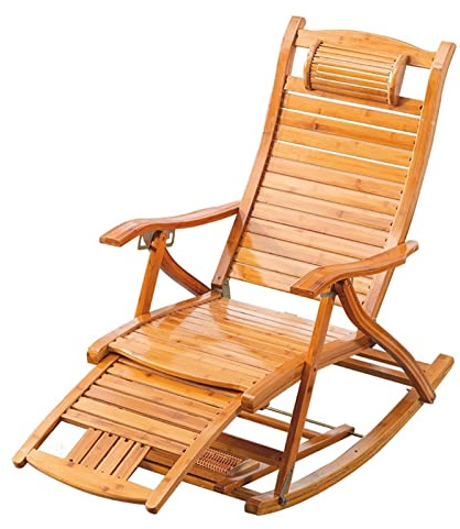 JKSVTF Outdoor Folding Recliner Wooden Rocking Chair Garden Sun Lounger Relax Chair with Stretchable Footrest and Foot Massage Leisure Siesta Chair,Adjustable Bamboo Rocking Chair (Without Pad)