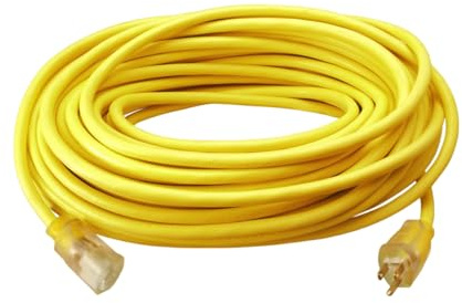 Southwire Outdoor Extension Cord – Durable Vinyl Jacket for For Farm, Ranch & Workshop - Lighted End With Reinforced Blades - SJTW, Yellow - 12 Gauge, 3 Prong - 50 Feet