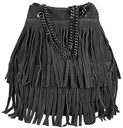 OBC Made in Italy Damen Leder Tasche Fransen Shopper Kettentasche Beutel Wildleder Handtasche Umhängetasche Bucket Bag Schultertasche Ledertasche (Schwarz 20x25x19 cm)