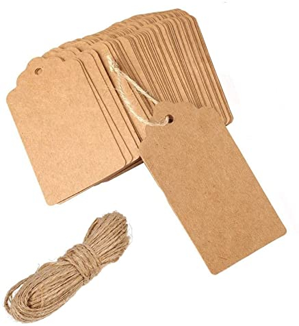Large Gift Tags,100 PCS Kraft Paper Tags 9 x 4.5cm Christmas Tags for Wedding Brown DIY Rectangle Craft Hang Tags with Free Natural Jute