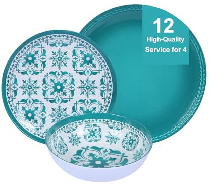 Webbylee Melamine Dinnerware Set，12-Piece Plate and Bowl Sets，Unbreakable Dish Set Service for 4–Dishwasher Safe&Lightweight Dishes,Green Dinnerware for Indoor/Outdoor Use, Gift