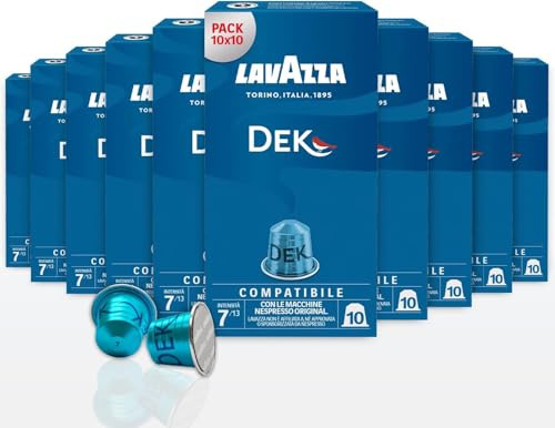 Lavazza, Espresso Decaffeinato, 100 Capsule di Caffè in Alluminio Compatibili con Macchine Nespresso Original, Note di Frutta Secca e Cioccolato, Arabica e Robusta, Intensità 7/13, Tostatura Media