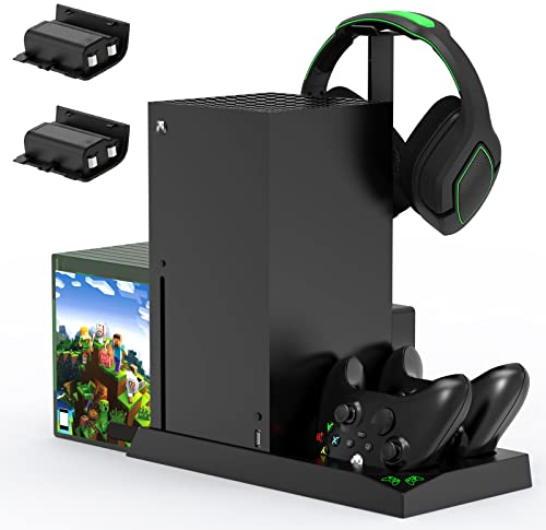Vertical Cooling Stand with Cooling Fan for Xbox Series X Console & Controller,Accessories with 2x1400mAh Rechargeable Batteries and Dual Controller Charger Dock Station&Headset Holder&10 Game Slots