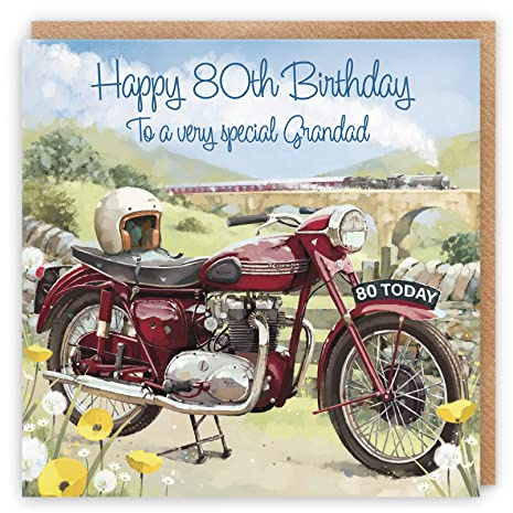 Hunts England Carte d'anniversaire 80 ans pour grand-père – Happy 80th Birthday – To A Very Special Grandad – Moto classique et train à vapeur – Superbe carte d'anniversaire artistique pour grand-père
