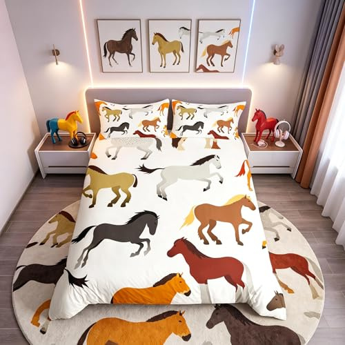 Cartoon Horse Duvet Cover Set Galloping Horse Bed Cover Colorful Horse Bedding Set Cute Animal Decor Quilt Cover for Boys Girls Children Teens Microfiber Single Size Boys