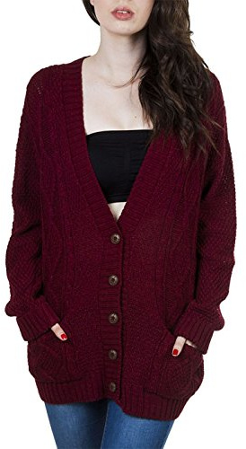 Purple Hanger New Women’s Ladies Long Sleeve Button, Front Pocket Chunky Aran Cable Knit Grandad Cardigan, Sweater Plus Size 8-26 (UK, Numeric, 20, 22, Regular, Regular, Burgundy)