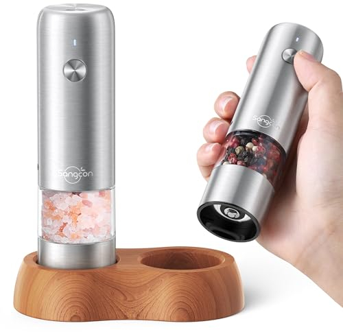 Sangcon Mini moulin à sel et poivre électrique - Portable - Rechargeable par USB - 5 barres réglables - En acier inoxydable - Avec socle en bois - Convient pour le camping