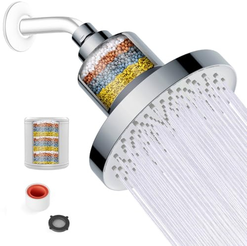 JINYOMFLY Duschhuvud med filter, 15 cm anti-kalk duschhuvud, högtrycksregn, duschhuvud utomhus, självrengörande