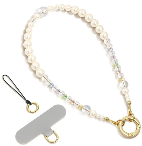 SURPHY Cadena de Perlas Corta para móvil, Colgante Universal para Teléfono, con Perlas de Cristal, Llavero，Cadena Multifuncional Compatible con la Mayoría Fundas,Cristales perlados