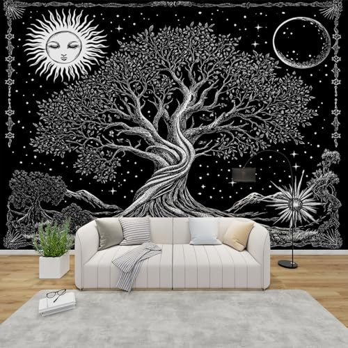 AevuCub Tree of Life Wallpaper for Living Room - Aesthetic Celestial Wall Murals for Bedrooms, Black and Grey Wall Art, Non-Woven Photo Wallpaper 3D Effect, 350x256 cm