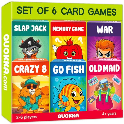 Quokka kortspel för barn i åldrarna 4–8 år – roliga familjespel | 6-pack kortspel - Crazy 8 - Go Fish - Old Maid - War - Slap Jack and Memory Match - Lätt att lära sig pedagogisk resegåva